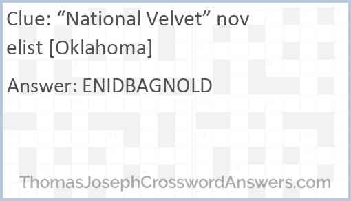 “National Velvet” novelist [Oklahoma] Answer